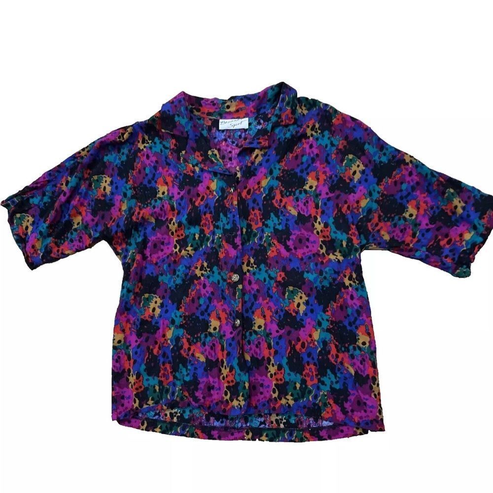BRENNER SPORT Vintage 90s Colorful Abstract Blouse Womens 13/14 MadeUSA Splat
